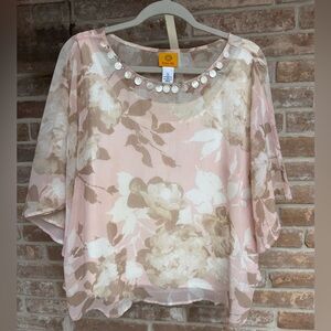 Ruby Rd Pink & Beige Floral Overlay Top, XL